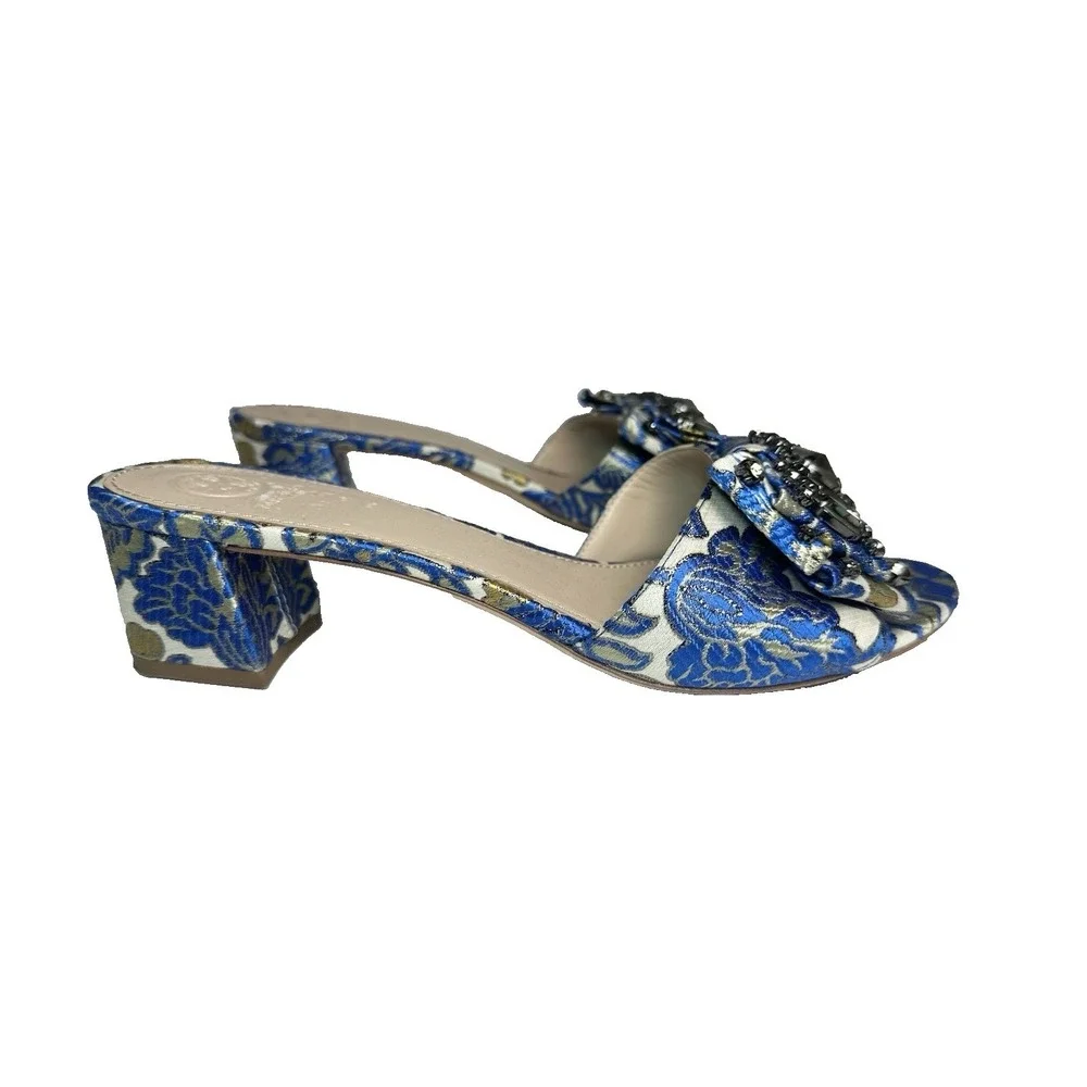 Tory Burch Women's 9 M Valentina Blue Metallic Brocade Crystal Bow Heel Sandals